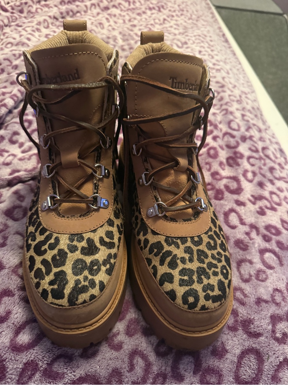 Timberland Women's Brown Leather Lace-Up Boots with Leopard Print